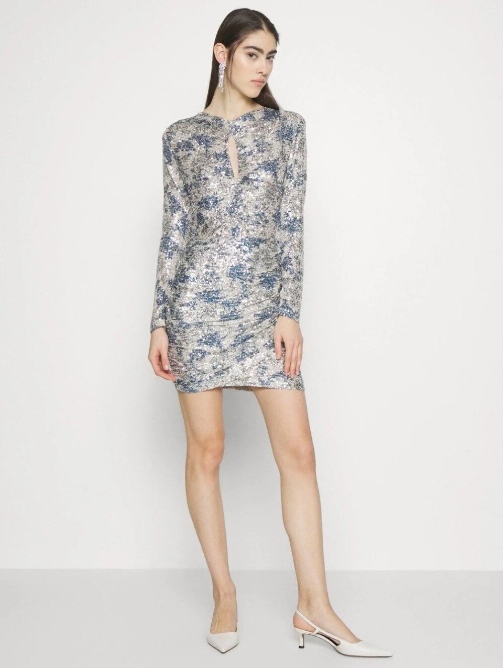 NWT MAJE Silver Blue Raquine Sequin Long Sleeve Party Evening Mini Dress